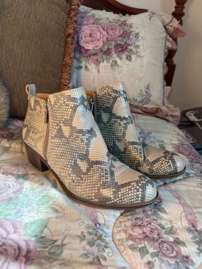Lucky Brand Snake-Print Ankle Booties in Beige and Gray